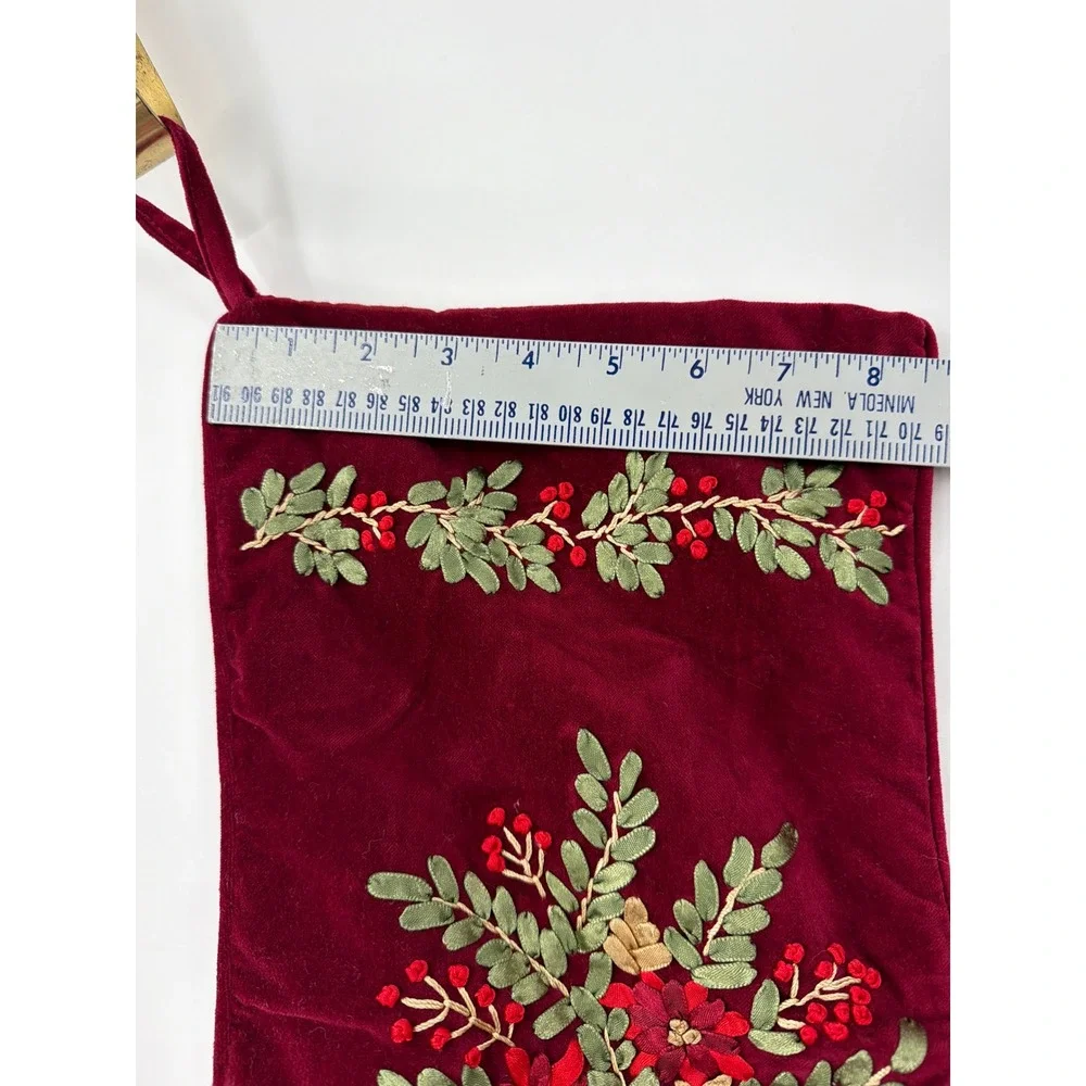 Vtg Burgundy Velvet Christmas Stocking Ribbon Embroidery Floral Red Green